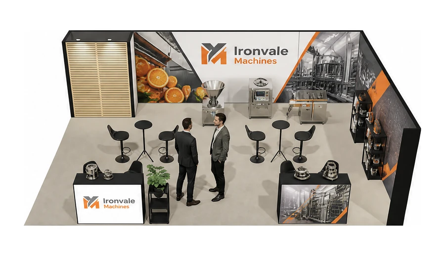 Stoisko 8 × 6 m narożne prawe dla branży technologie spożywcze, przykładowa marka Ironvale Machines