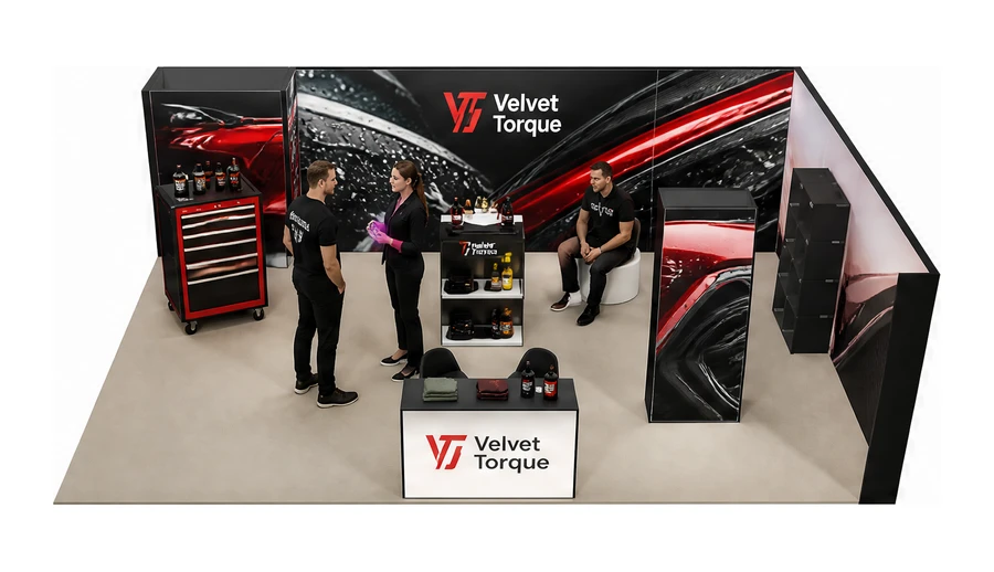Stoisko 8 × 6 m narożne prawe dla branży tuning i detailing, przykładowa marka Velvet Torque