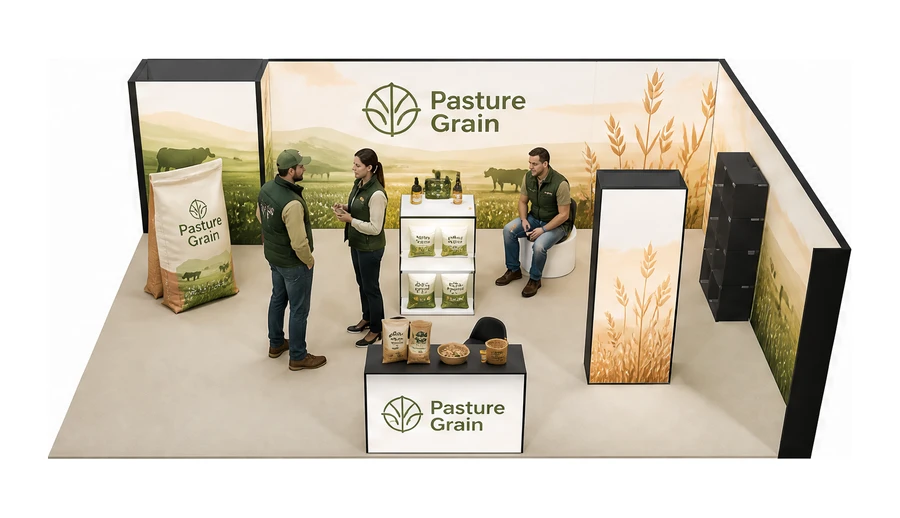 Stoisko 8 × 6 m narożne prawe dla branży hodowla i pasze, przykładowa marka Pasture Grain