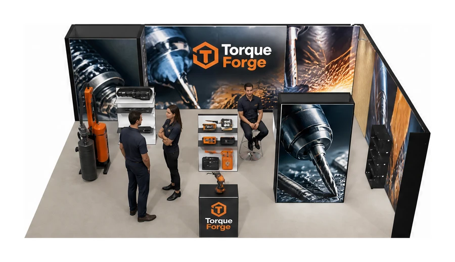 Stoisko 8 × 6 m narożne prawe dla branży elektronarzędzia, przykładowa marka Torque Forge