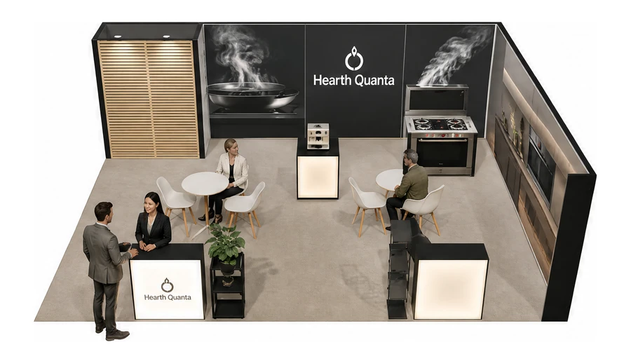 Stoisko 8 × 6 m narożne prawe dla branży sprzęt kuchenny i AGD, przykładowa marka Hearth Quanta