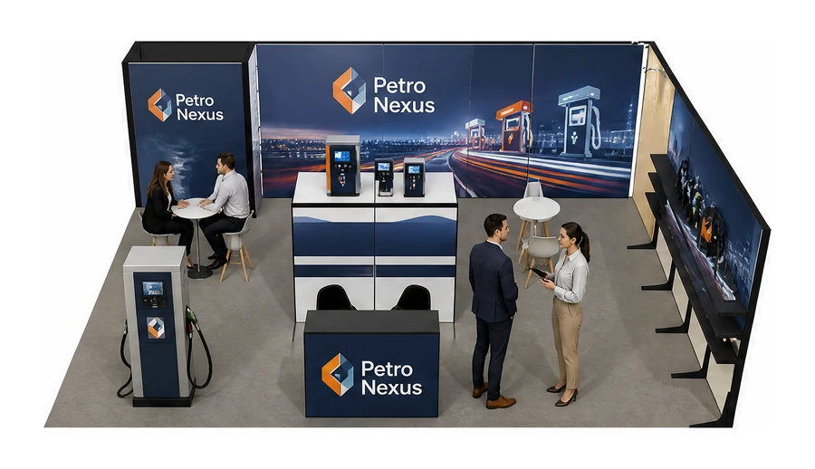 Stoisko 8 × 6 m narożne prawe dla branży stacje paliw, przykładowa marka Petro Nexus
