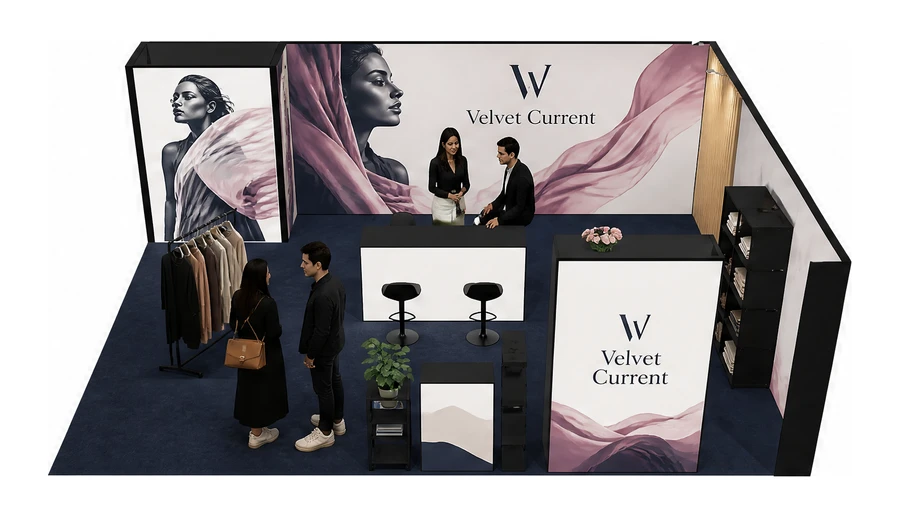 Stoisko 8 × 6 m narożne prawe dla branży odzież i moda, przykładowa marka Velvet Current