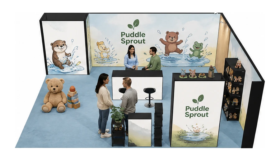 Stoisko 8 × 6 m narożne prawe dla branży zabawki i artykuły dziecięce, przykładowa marka Puddle Sprout