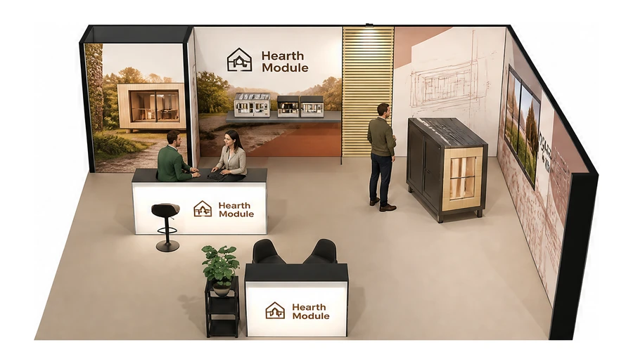 Stoisko 8 × 6 m narożne prawe dla branży domy modułowe i prefabrykacja, przykładowa marka Hearth Module