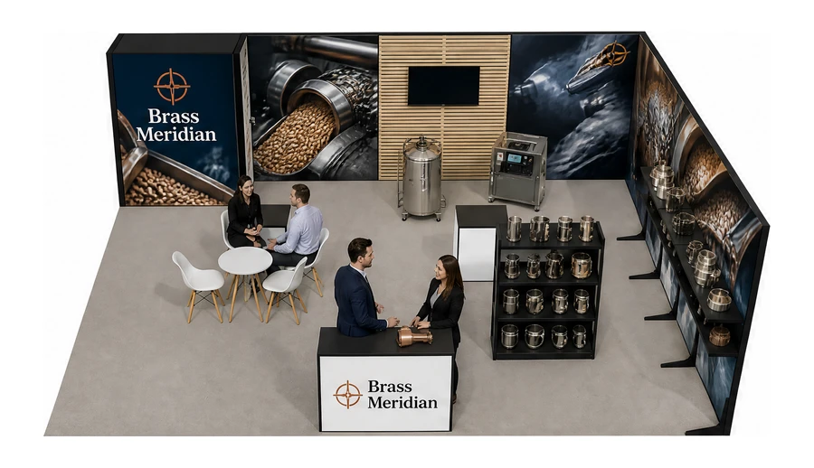 Stoisko 8 × 6 m narożne prawe dla branży technologie spożywcze, przykładowa marka Brass Meridian