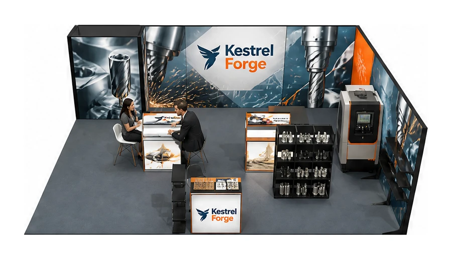 Stoisko 8 × 6 m narożne prawe dla branży obrabiarki i narzędzia, przykładowa marka Kestrel Forge