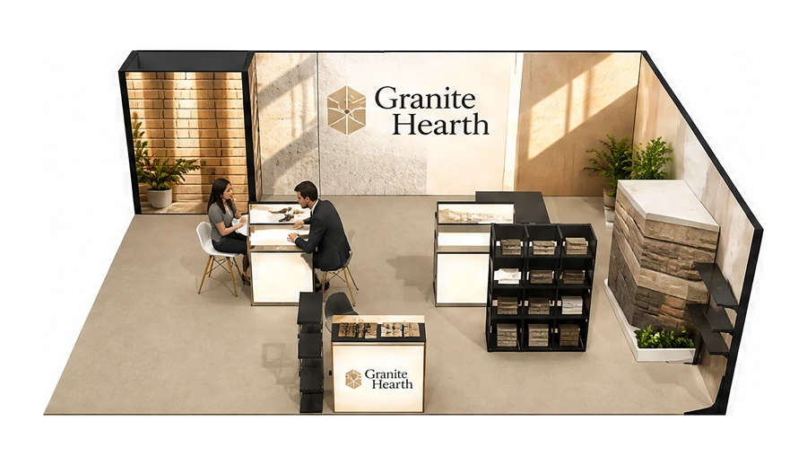 Stoisko 8 × 6 m narożne prawe dla branży materiały budowlane, przykładowa marka Granite Hearth