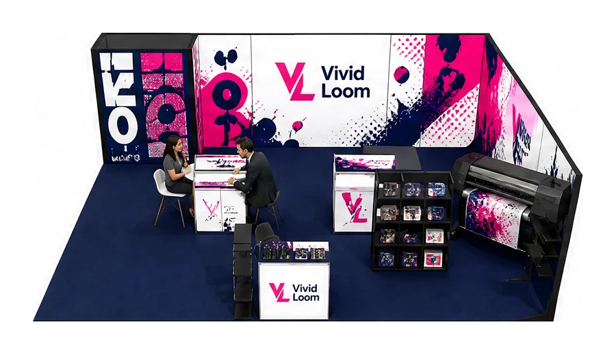 Stoisko 8 × 6 m narożne prawe dla branży reklama i druk, przykładowa marka Vivid Loom