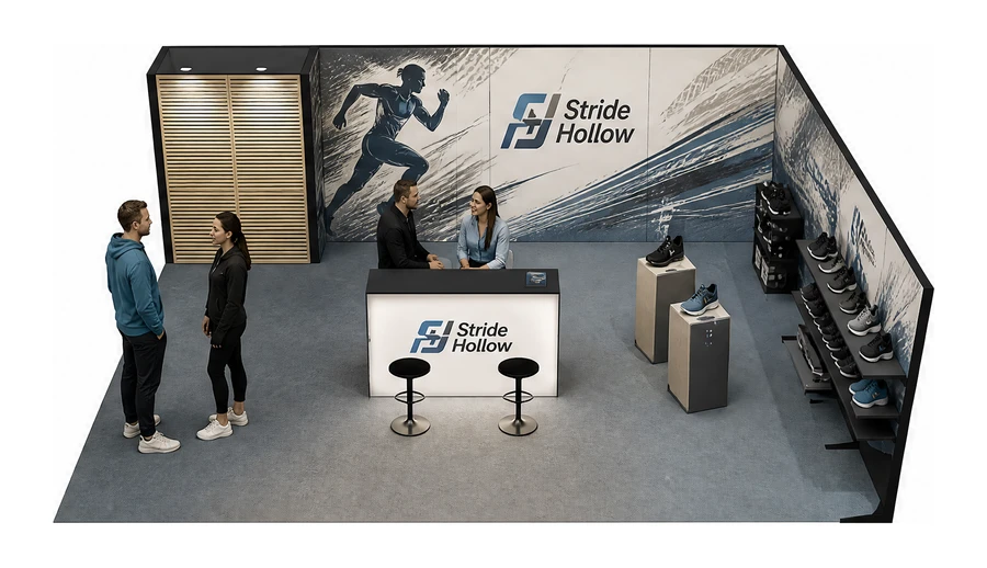 Stoisko 8 × 6 m narożne prawe dla branży obuwie, przykładowa marka Stride Hollow