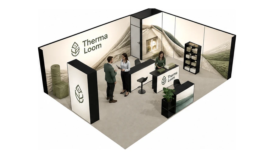 Stoisko 8 × 6 m narożne prawe dla branży izolacje techniczne, przykładowa marka Therma Loom