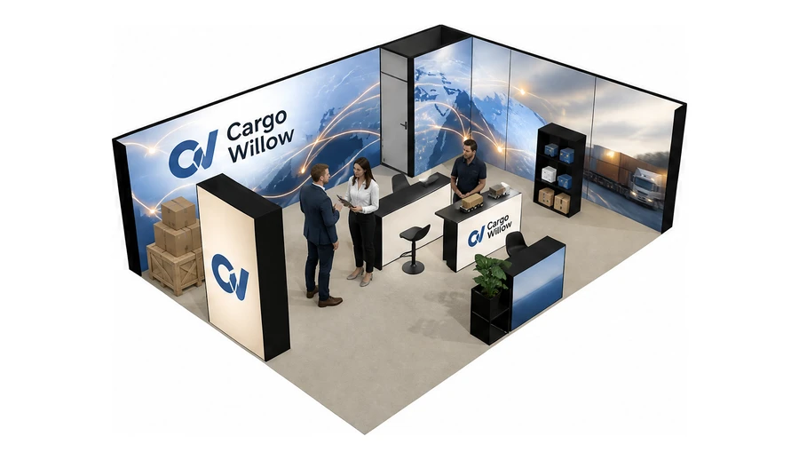 Stoisko 8 × 6 m narożne prawe dla branży logistyka i spedycja, przykładowa marka Cargo Willow
