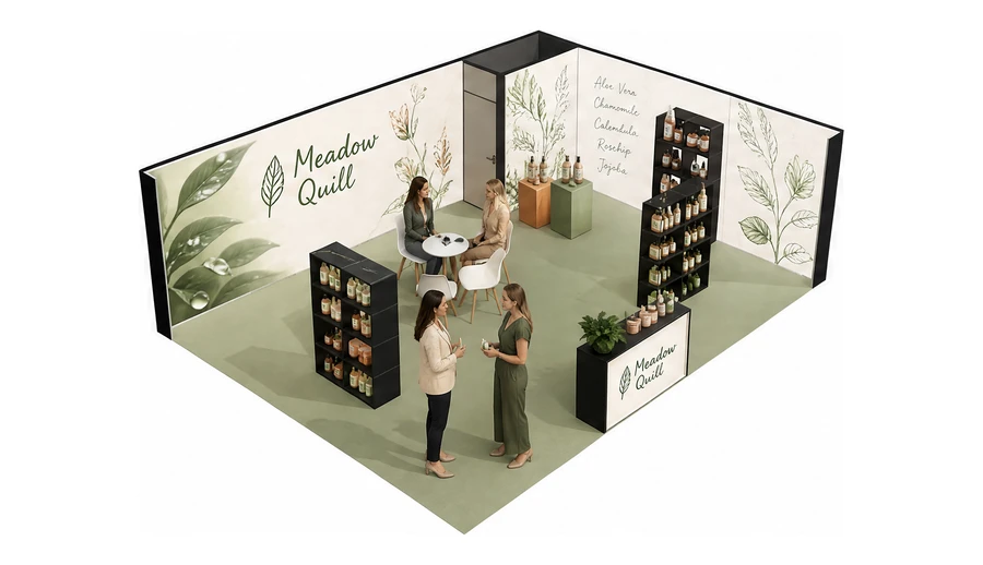 Stoisko 8 × 6 m narożne prawe dla branży kosmetyki naturalne, przykładowa marka Meadow Quill