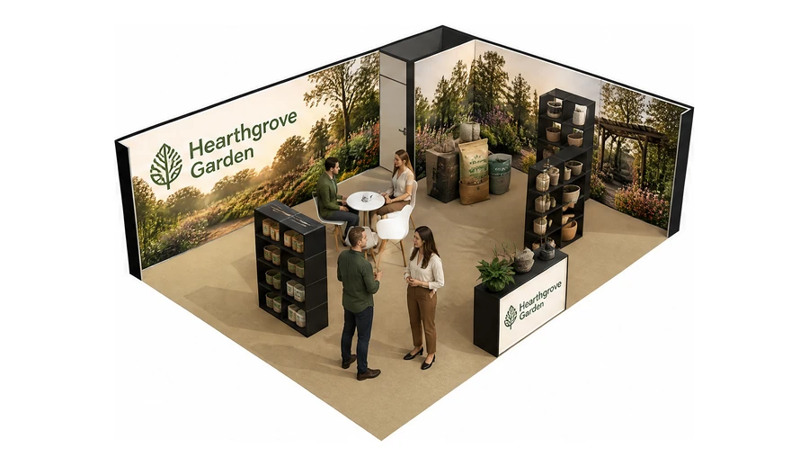 Stoisko 8 × 6 m narożne prawe dla branży ogród i architektura krajobrazu, przykładowa marka Hearthgrove Garden