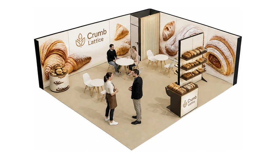 Stoisko 8 × 6 m narożne prawe dla branży piekarnictwo i cukiernictwo, przykładowa marka Crumb Lattice