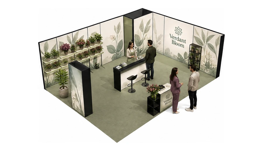 Stoisko 8 × 6 m narożne prawe dla branży rośliny i kwiaciarstwo, przykładowa marka Verdant Bloom