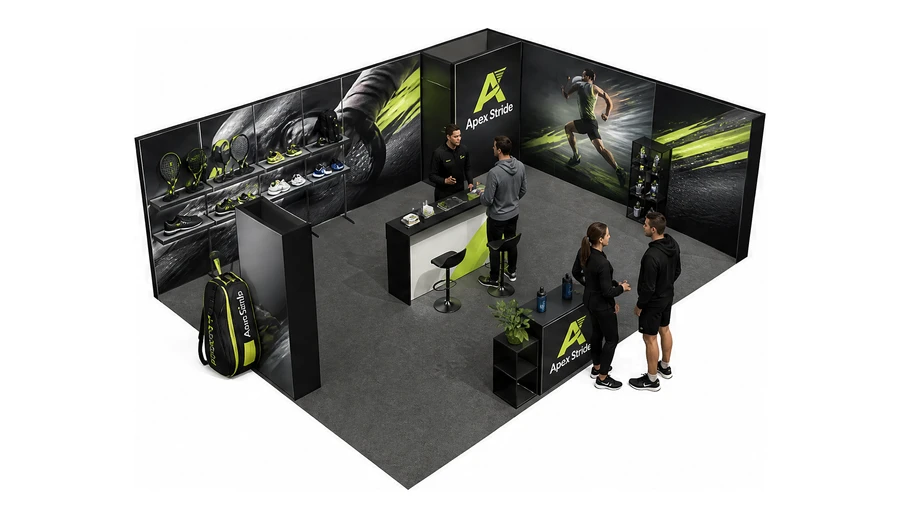 Stoisko 8 × 6 m narożne prawe dla branży sprzęt sportowy, przykładowa marka Apex Stride