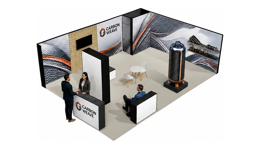 Stoisko 8 × 6 m narożne prawe dla branży materiały kompozytowe, przykładowa marka Carbon Weave