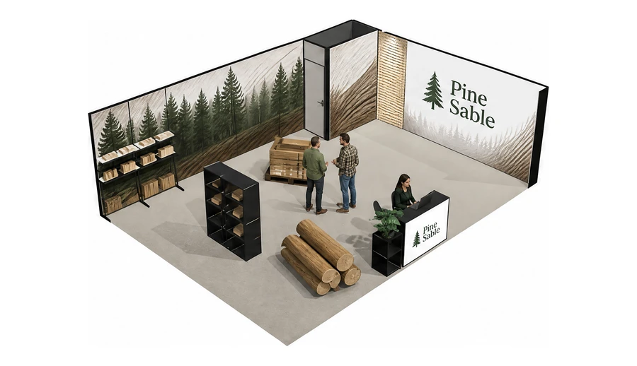 Stoisko 8 × 6 m narożne prawe dla branży leśnictwo i przemysł drzewny, przykładowa marka Pine Sable