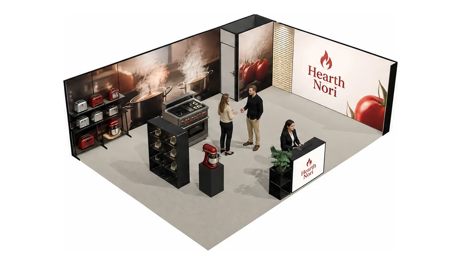 Stoisko 8 × 6 m narożne prawe dla branży sprzęt kuchenny i AGD, przykładowa marka Hearth Nori