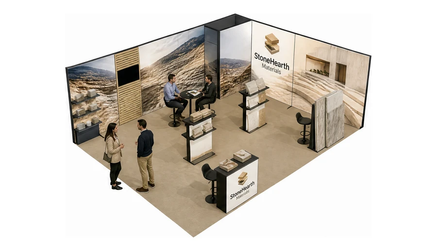 Stoisko 8 × 6 m narożne prawe dla branży materiały budowlane, przykładowa marka StoneHearth Materials