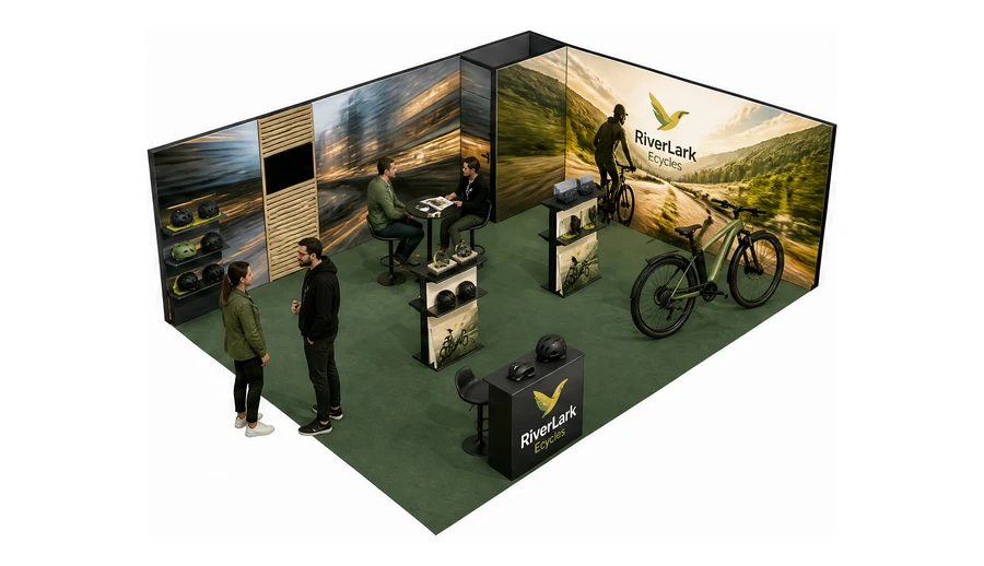 Stoisko 8 × 6 m narożne prawe dla branży rowery elektryczne, przykładowa marka RiverLark Ecycles