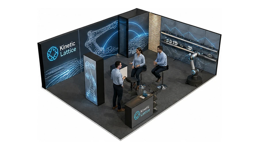Stoisko 8 × 6 m narożne prawe dla branży automatyka przemysłowa, przykładowa marka Kinetic Lattice