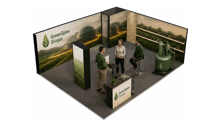 Stoisko 8 × 6 m narożne prawe dla branży biogaz i OZE, przykładowa marka GreenSpire Biogas