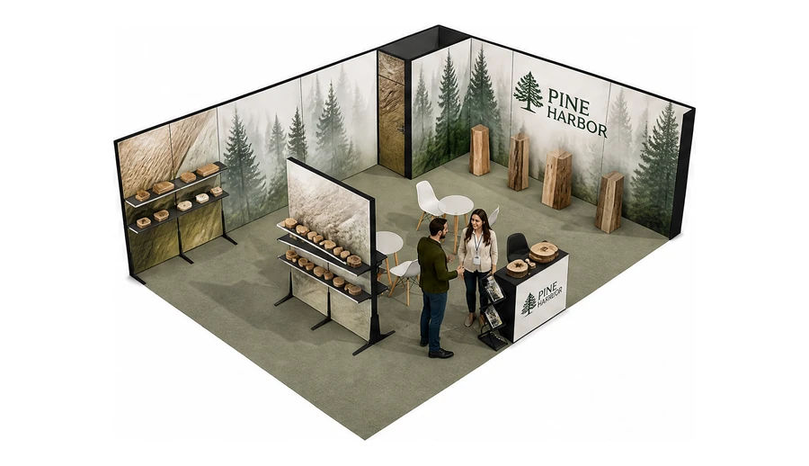 Stoisko 8 × 6 m narożne prawe dla branży leśnictwo i przemysł drzewny, przykładowa marka Pine Harbor