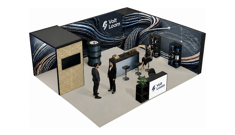 Stoisko 8 × 6 m narożne prawe dla branży kable i elektrotechnika, przykładowa marka Volt Loom