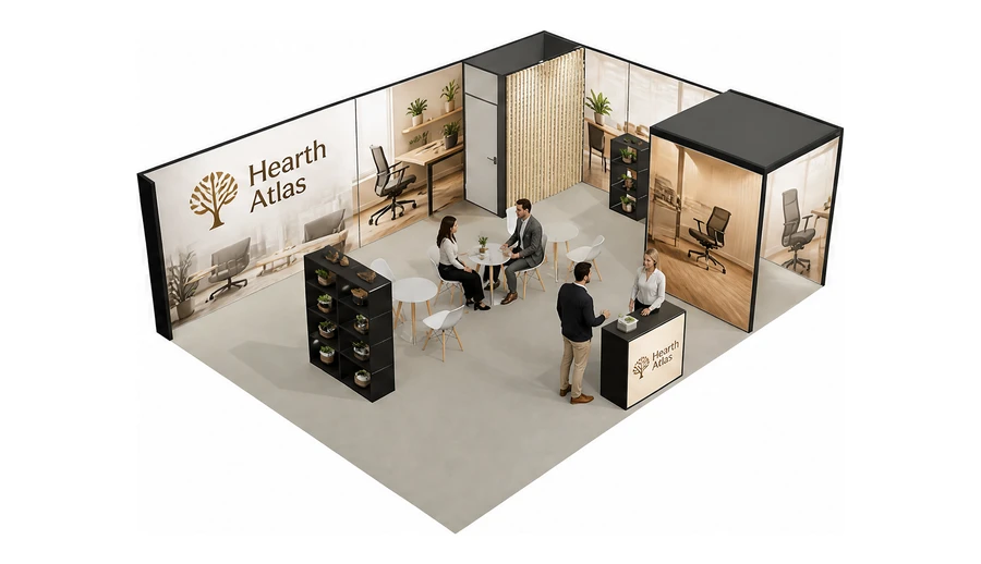 Stoisko 8 × 6 m narożne prawe dla branży meble biurowe, przykładowa marka Hearth Atlas