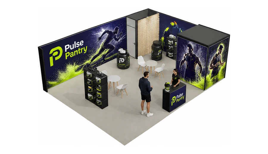 Stoisko 8 × 6 m narożne prawe dla branży suplementy diety, przykładowa marka Pulse Pantry