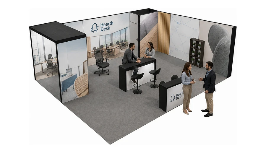 Stoisko 8 × 6 m narożne prawe dla branży meble biurowe, przykładowa marka Hearth Desk
