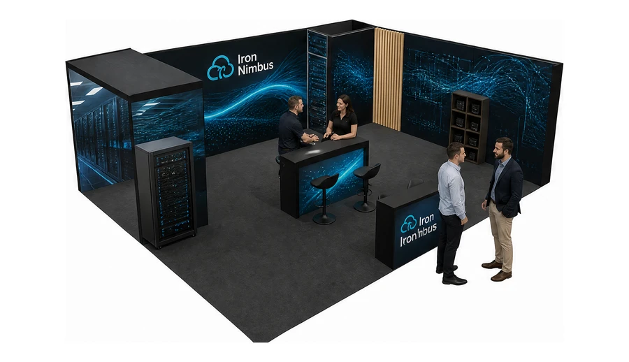 Stoisko 8 × 6 m narożne prawe dla branży infrastruktura IT i data center, przykładowa marka Iron Nimbus