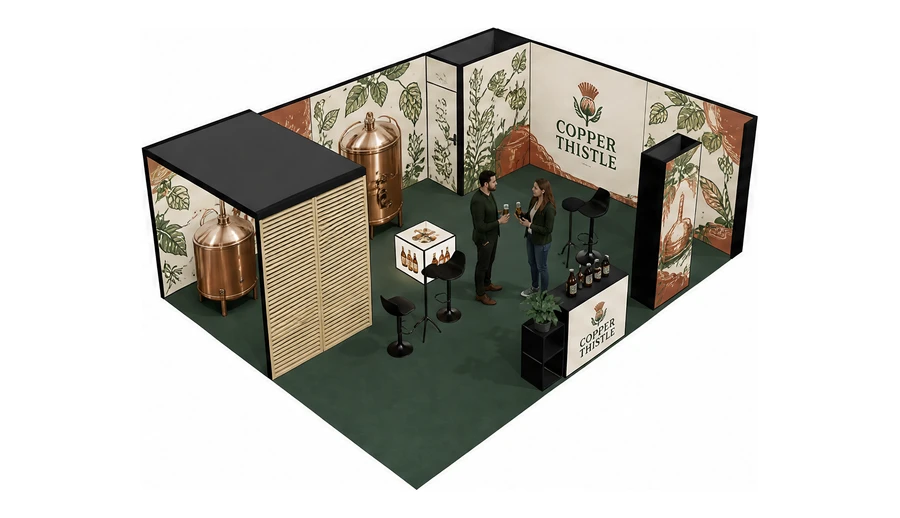 Stoisko 8 × 6 m narożne prawe dla branży browar rzemieślniczy, przykładowa marka Copper Thistle