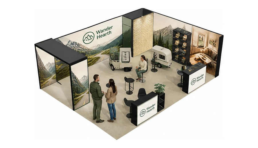 Stoisko 8 × 6 m narożne prawe dla branży caravaning i kampery, przykładowa marka Wander Hearth