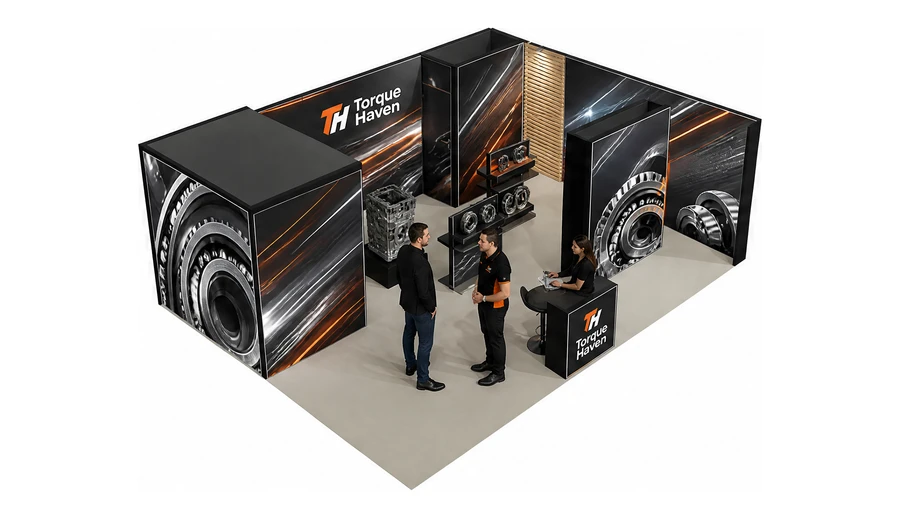 Stoisko 8 × 6 m narożne prawe dla branży części motoryzacyjne, przykładowa marka Torque Haven