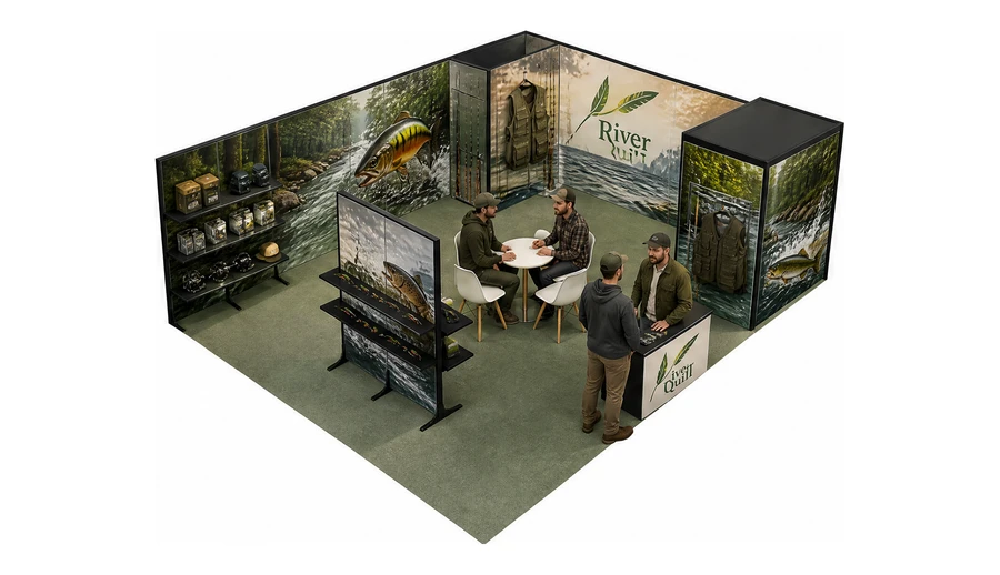 Stoisko 8 × 6 m narożne prawe dla branży wędkarstwo, przykładowa marka River Quill