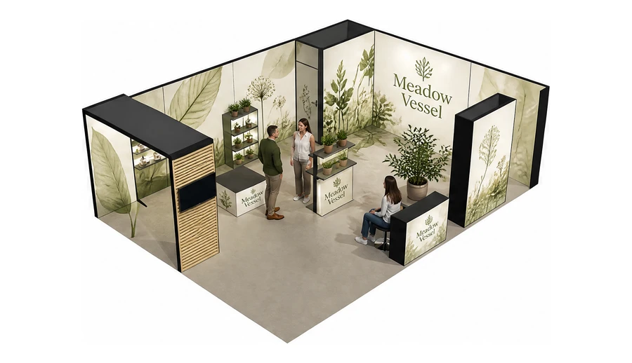 Stoisko 8 × 6 m narożne prawe dla branży rośliny i kwiaciarstwo, przykładowa marka Meadow Vessel