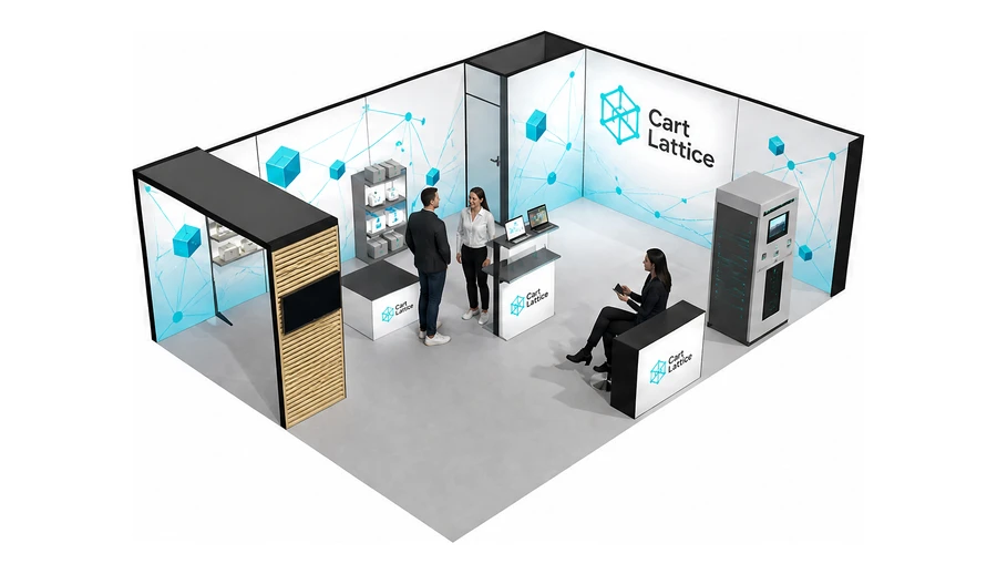 Stoisko 8 × 6 m narożne prawe dla branży e-commerce, przykładowa marka Cart Lattice