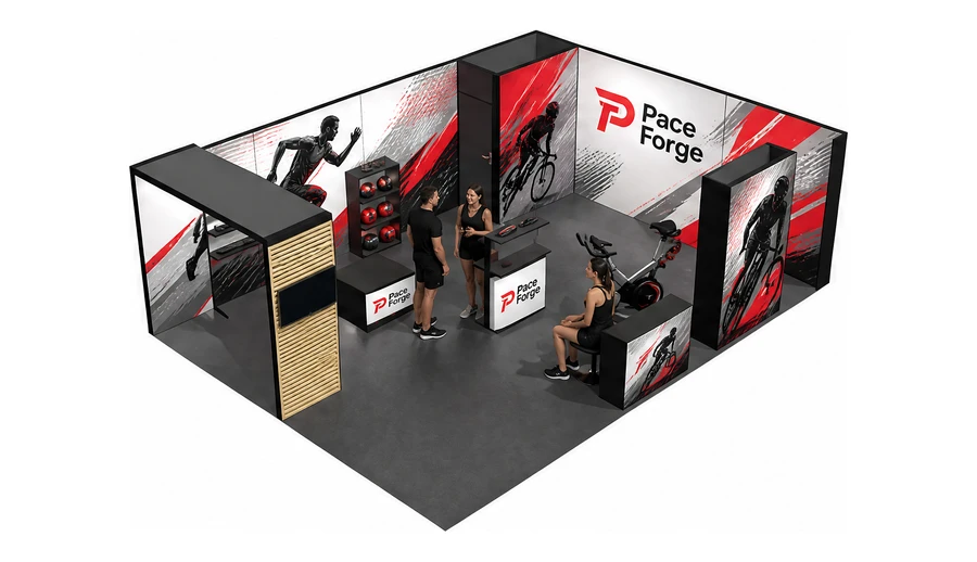 Stoisko 8 × 6 m narożne prawe dla branży sprzęt sportowy, przykładowa marka Pace Forge