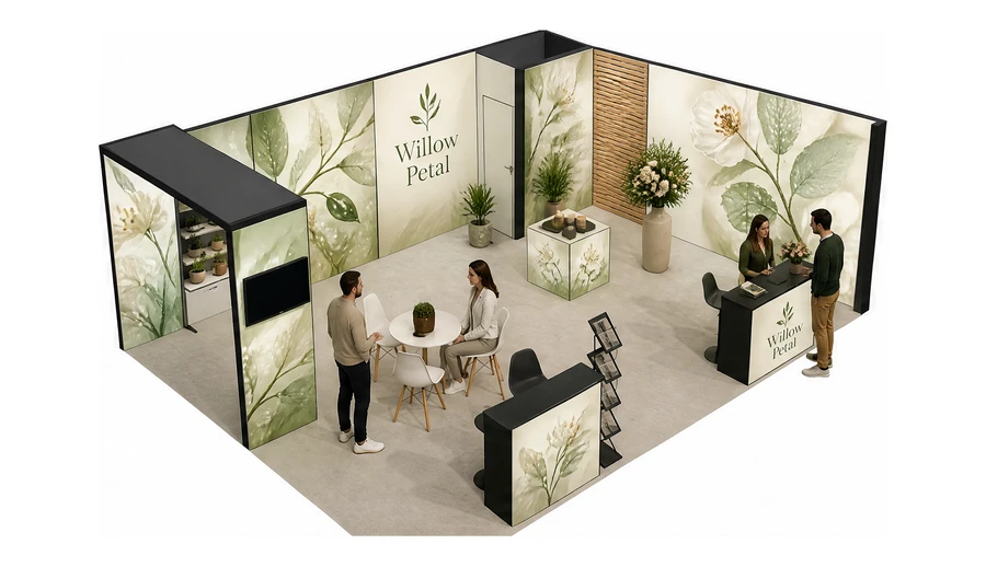 Stoisko 8 × 6 m narożne prawe dla branży rośliny i kwiaciarstwo, przykładowa marka Willow Petal