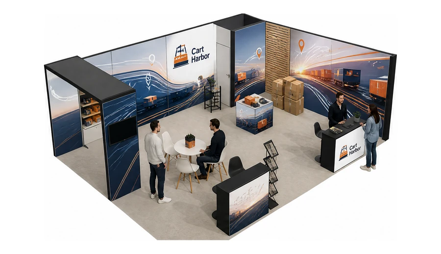 Stoisko 8 × 6 m narożne prawe dla branży e-commerce, przykładowa marka Cart Harbor