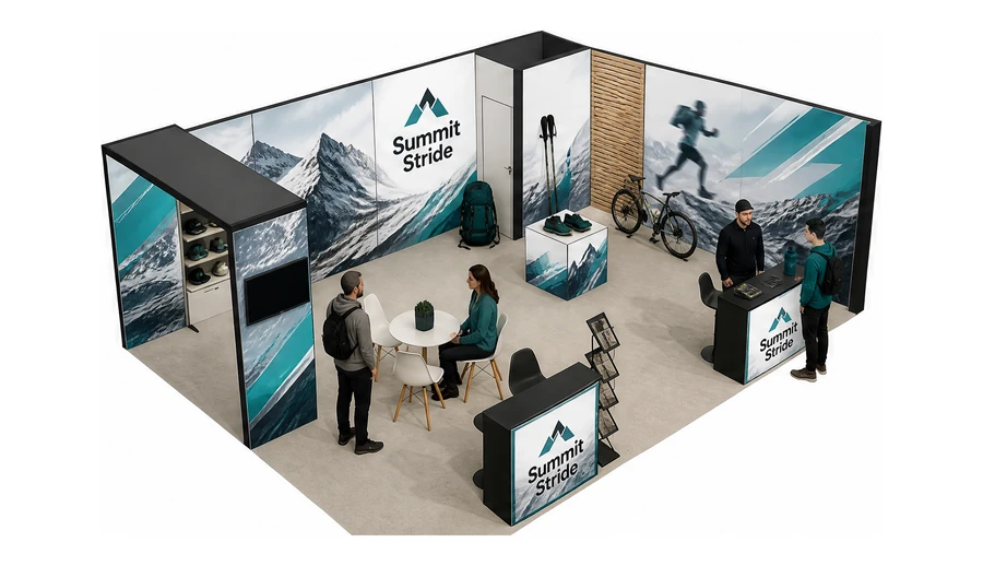Stoisko 8 × 6 m narożne prawe dla branży sprzęt sportowy, przykładowa marka Summit Stride