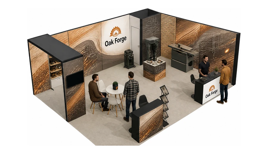 Stoisko 8 × 6 m narożne prawe dla branży maszyny do obróbki drewna, przykładowa marka Oak Forge