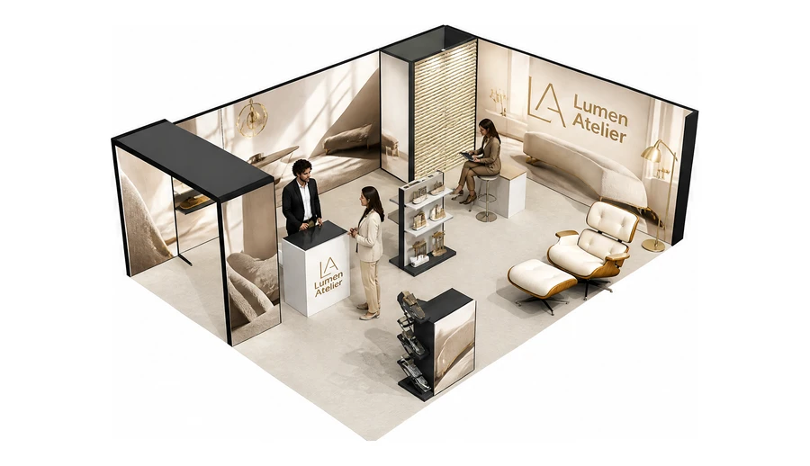 Stoisko 8 × 6 m narożne prawe dla branży meble designerskie, przykładowa marka Lumen Atelier