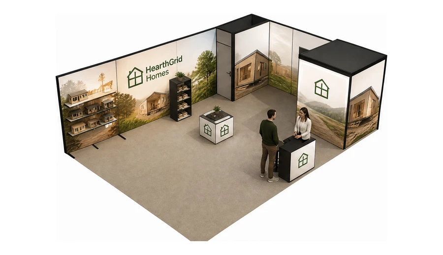 Stoisko 8 × 6 m narożne prawe dla branży domy modułowe i prefabrykacja, przykładowa marka HearthGrid Homes