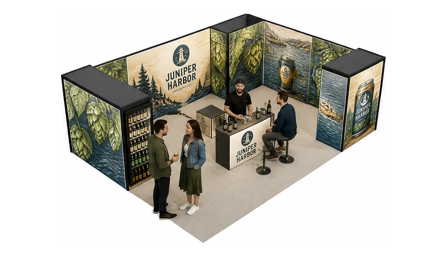 Stoisko 8 × 6 m narożne prawe dla branży browar rzemieślniczy, przykładowa marka Juniper Harbor