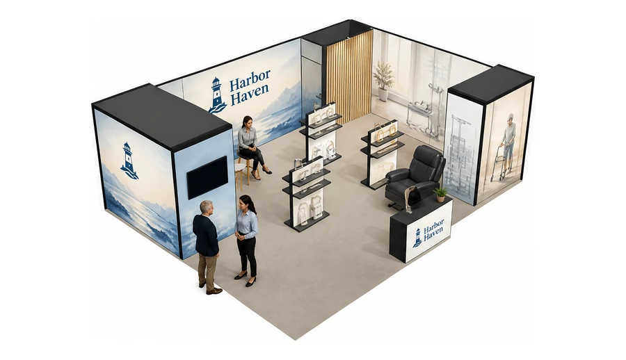 Stoisko 8 × 6 m narożne prawe dla branży opieka senioralna, przykładowa marka Harbor Haven