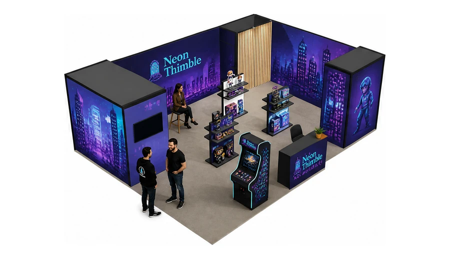 Stoisko 8 × 6 m narożne prawe dla branży gry wideo, przykładowa marka Neon Thimble